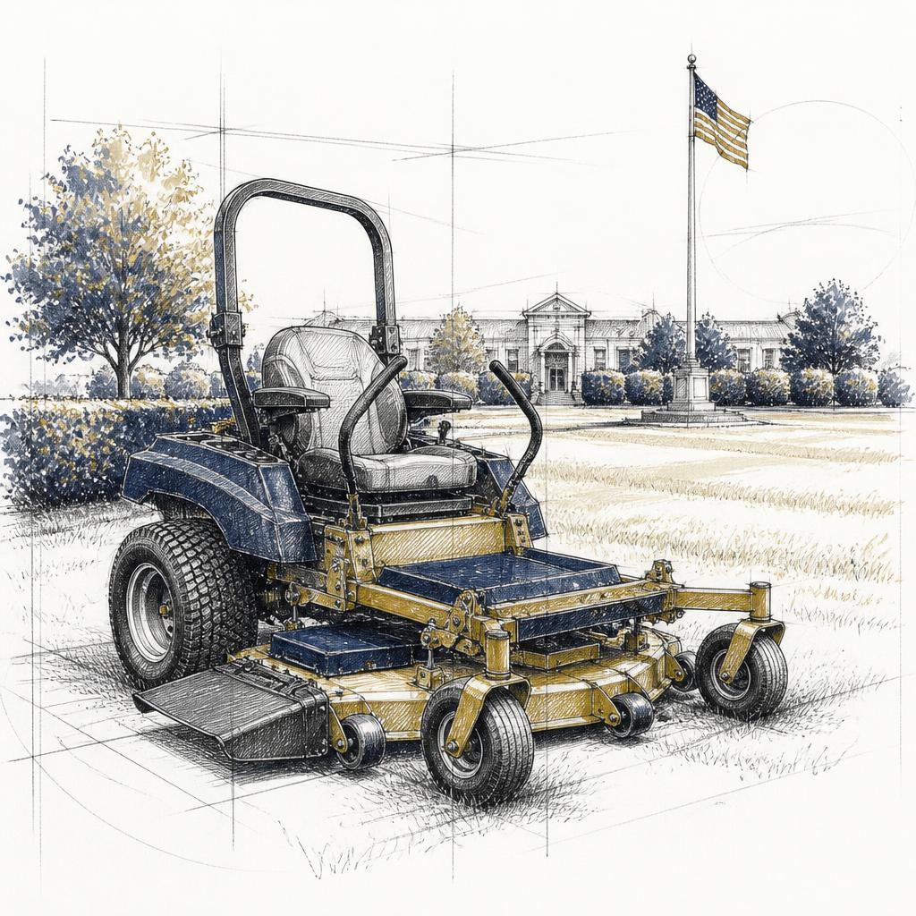 Commercial mowing equipment maintaining a government lawn