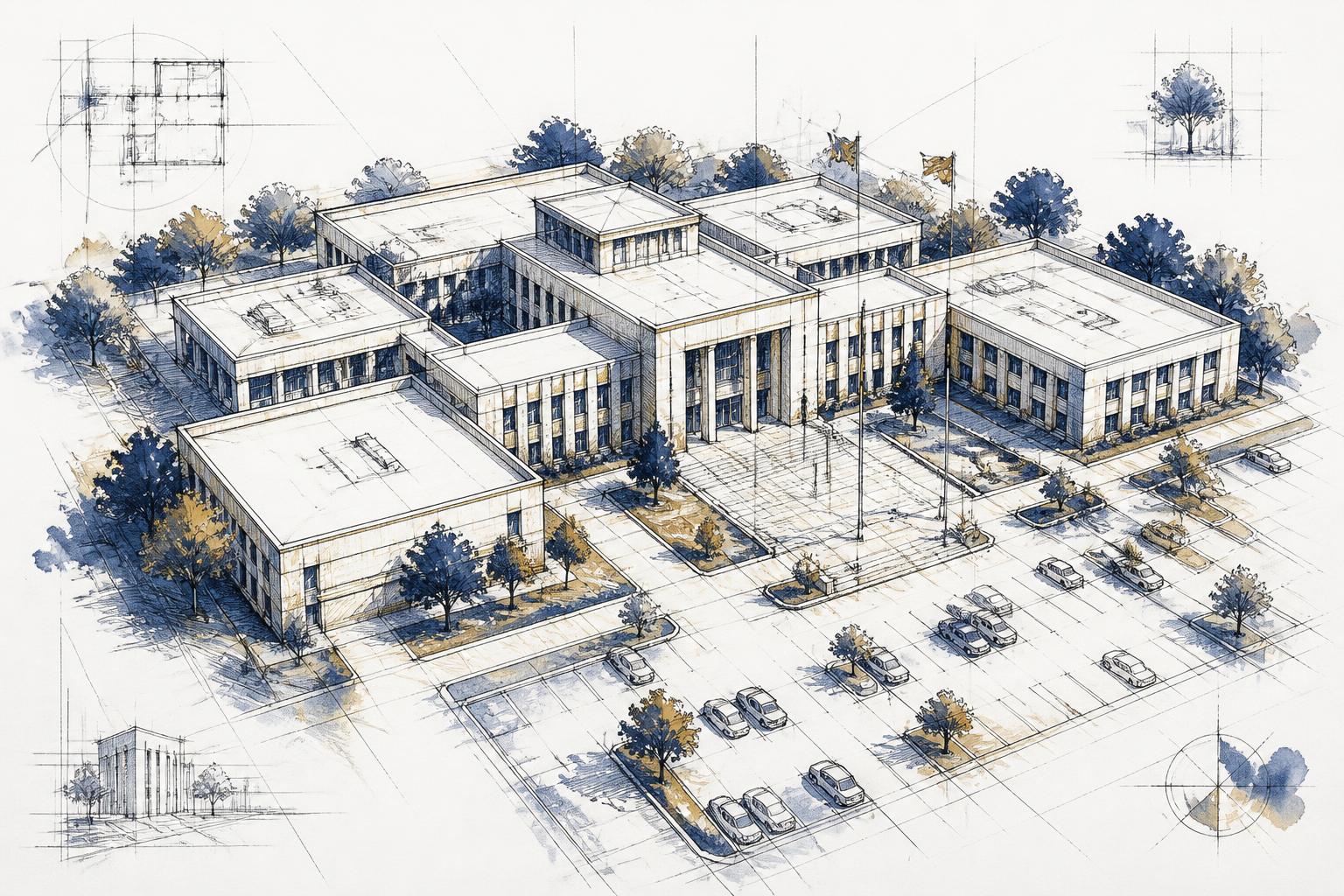 Aerial view of a government facility with manicured grounds